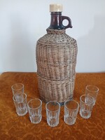 RETRO WOVEN HANDLE DEMIJOHN 7PCS SEALED RETRO SALGÓTARJÁN STAMPEDLIS GLASS