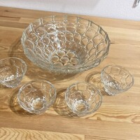 Retro préselt üveg bólés készlet – méhsejt mintás tál + 4 pohár – Zabkowice stílus