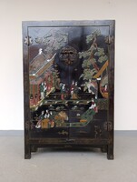 Antik kínai bútor növény gésa madár zsírkő dombor berakásos festett fekete kétajtós lakk szekrény