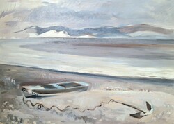 Sajó Péter: Dunakanyar Dömösnél (olajfestmény) Folyóparti táj csónakkal, Kazai Sajó Péter