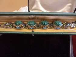 Filigree Silver Bracelet with Carved Malachite(?) Effect Stone, Flawless!