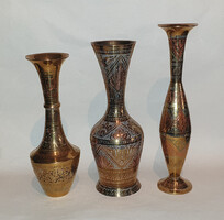Vintage Indian Copper Vase Set (3 pcs) – Colorful Painted, Engraved Decor, Flawless