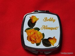 "BOLDOG NÉVNAPOT!" SÁRGA RÓZSÁS FÉM SMINKTÜKÖR!