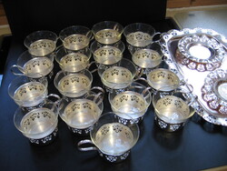 Ezüstözött , áttört masnis mintás , teás , kávés pohár és tálca csomag 20 db-os