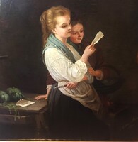 August Müller (1836-1885) Eredeti Olajfestmény Vásznon 1871 Fiatal lány levelet olvas