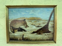 Hunting Scene: Fox Caught Partridge Oil on Wood Signed 'Fa Ti' (Farkas Tibor)