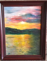 Soltész Péter,Tiszai naplemente 36x47 cm, 4 cm a keret