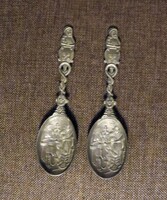 Old 2 decorative embossed pewter spoons