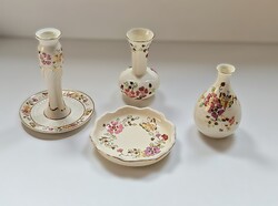 Zsolnay 4 db-os porcelán készlet – kézzel festett, aranyozott – váza, gyertyatartó, tálka – Pécs