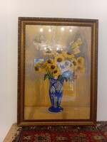 Schubertné Tinagl Ilona: Virágcsendélet kék üvegvázában (1943) – 56x76 cm ​Leír