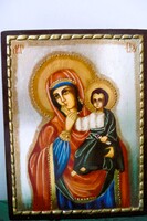 Mária a kis Jézussal - Kézzel festet erdélyi ortodox ikon hátoldalán román nyelvű pecsétes etikett