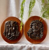 Antik bronz domborműves fali képek relief kegytárgyak Szűz Mária és Jézus Krisztus