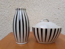 Art deco Hollóházi porcelán fekete-fehér csíkos váza és bonbonier