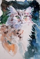 Kovács Anna Brigitta: Cat -  watercolor painting - Macska - akvarell festmény
