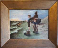 Carl Weiss (1860-1931) osztrák festőművész.  Tengerparton játszó gyerekek!  1887-es! Restaurált