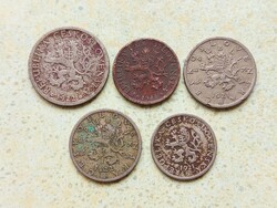 Csehszlovákia 5 db különböző Érme 20 50 Heller Halierov 1 Korona 1921-1946