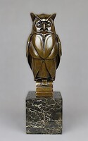 Nagyméretű Art Deco bronz bagoly szobor márvány talpon – 35 cm, 4,7 kg, aláírt és sorszámozott