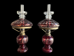 Lausitzer bíbor pácolt, vadász jelenetes kristály lámpa pár