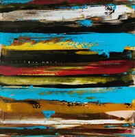 Baján Ildikó festmény 50 x 50 cm. Ősi horizont.