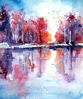 Kovács Anna Brigitta:Fall with birds- watercolor painting /Ősz mdarakkal - akvarell festmény