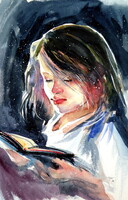 Kovács Anna Brigitta: Reading girl - watercolor painting/ Olvasó lány -   akvarell festmény