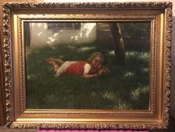 Carl Von Bergen (1853-1933 német) Olajfestmény Vászonon "Délutáni uzsonna"