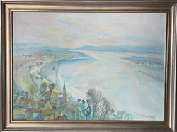 Göldner Tibor (1929–2023): Dunai táj olaj, farost festmény