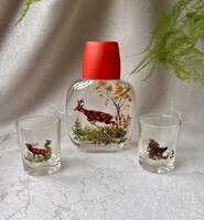 Retro, vadászat témájú, szarvasos Pálinkás (jägeres?) üveg pohár készlet