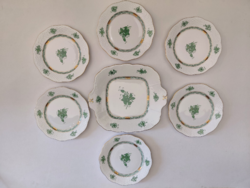 SOHA NEM HASZNÁLT! Herendi porcelán zöld Apponyi mintás 6+1 részes süteményes készlet kínáló tányér