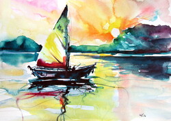 Kovács Anna Brigitta:Sailoat -  watercolor painting - Vitorlás - akvarell festmény