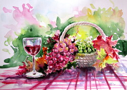 Kovács Anna Brigitta:Grapes and wine -  watercolor painting - Szőlő és bor - akvarell festmény