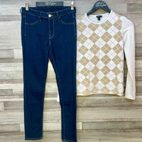 Skinny Ankle Regular Waist sötétkék farmernadrág 27, Gant fehér-barna-rózsaszín hosszú ujjú felső S 