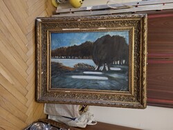 Szántó János: Makói táj, festmény, olaj, falap, 56x78 cm+ keret