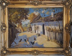 Margithay G. J. (20.sz. festőművész) Tanyasi udvar, baromfikkal. Olaj/vászon,  60x80cm + keret!