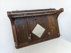 Antik Art Deco bútor faragott keményfa tükör krómozott réz ruha akasztó fali fogas kalaptartó sérült