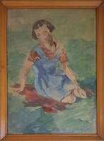 Juhász Erika (1926-2018) festőművész.  Fűben ülő lány.  Vizfesték/papír.  43x31cm + keret.