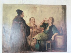 Antik Festmény Enteriőr borozgató cimborák hangulatos olaj festmény