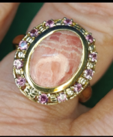 Sterling ezüstgyűrű  rodokrozittal, körbe rózsaszín turmalinnal 56 méretű