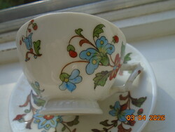 Antik különleges színes perzsa mintás virágokkal szinte tojáshéj porcelán kávés csésze alátéttel