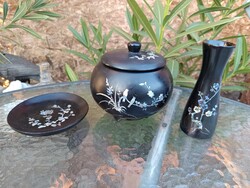 Régi Gyöngyház Berakásos Fekete Lakkfa Szett