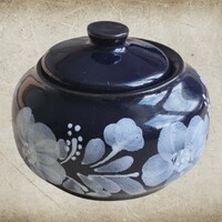 Jelzett vintage Hódmezővásárhelyi kerámia cukortartó /bonbonier fedéllel – Kobaltkék, kézzel festett