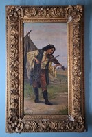 Franz Kerner,  19/20. századi osztrák festőművész.  Muzsikál cigány.  Olaj/vászon.  53x27cm + keret.