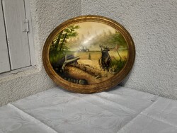 1,-Ft Meseszép Szarvasbőgés antik festmény domború fára akár egy porcelánkép olyan hatású