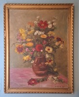Németh A. M. olajfestmény. Virág csendélet.  Olaj/vászon,  60x45cm + keret.  1959ben készült.