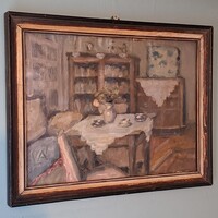 Nincs minimálár! L.Á. szignós olajfestmény.  Enteriör. Olaj/karton. 24x32cm + keret. Jelzett