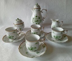 Hollóházi SCARBANTIA zöld-arany kézzel festett porcelán Kávés készlet 4 személyes 1983-