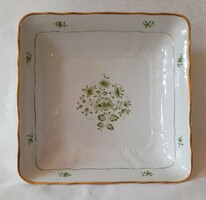 Hollóházi SCARBANTIA zöld-arany kézzel festett porcelán Nagy Négyzet alakú Köretes tál kínáló 1983-