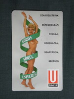 Kártyanaptár,Univerzál áruház,Békéscsaba,Orosháza,Gyula,erotikus női akt modell,1990  (licites)