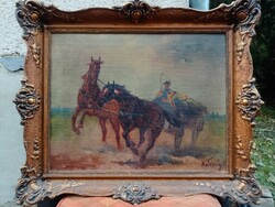 Kolozsváry Endre (1901- 1945) olaj festmény vágtató lovasszekér