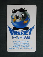 Kártyanaptár,40 éves Vasért vállalat,Budapest,grafikai,reklám figura,1988  (licites)